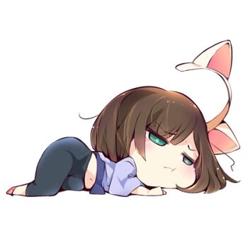 1girl :t animal_ear_hairband animal_ears aqua_eyes black_pants blue_pupils blue_shirt blunt_ends bob_cut bored bright_pupils brown_hair cat_ear_hairband cat_ears chibi closed_mouth fake_animal_ears frown furrowed_brow hair_spread_out hairband idolmaster idolmaster_cinderella_girls light_blush light_particles lowres lying maekawa_miku midriff_peek navel on_stomach pants red_shoes shirt shoes short_hair short_sleeves simple_background solo t-shirt usoneko white_background white_hairband wide_sleeves