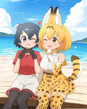 3girls animal_ears animal_print bare_shoulders beach belt black_gloves black_hair black_pantyhose blonde_hair blue_eyes blush bow bowtie brown_belt cat_ears cat_girl cat_print cat_tail common_dolphin_(kemono_friends) crumbs dolphin_girl dorsal_fin eating elbow_gloves extra_ears fang fins gloves grey_shorts hair_between_eyes head_fins heart high-waist_skirt highres ice_cream_cone kaban_(kemono_friends) kemono_friends multiple_girls ocean one_eye_closed open_mouth pantyhose print_bow print_bowtie print_gloves print_skirt print_thighhighs red_shirt red_trim serval_(kemono_friends) shirt short_hair short_sleeves shorts sidelocks sitting skirt sleeveless t-shirt tail thighhighs travellerll white_shirt yellow_bow yellow_bowtie yellow_eyes yellow_gloves yellow_skirt yellow_thighhighs zettai_ryouiki