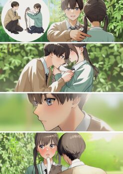 1boy 1girl 4koma absurdres animal black_footwear black_hair black_necktie black_pants black_skirt blue_cardigan blue_eyes blush brown_cardigan brown_eyes brown_hair bush cardigan cat collared_shirt comic day full-face_blush hair_ornament hair_tie hetero highres holding holding_animal holding_cat kneeling long_hair long_sleeves macaronk necktie notice_lines original outdoors pants parted_lips pleated_skirt school_uniform shirt shoes short_hair silent_comic skirt sweat tabby_cat twintails white_shirt