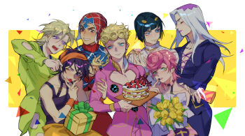 1girl 6+boys absurdres aqua_eyes arm_grab bare_shoulders black_hair blonde_hair blue_eyes blue_jacket blunt_bangs border bouquet box brown_eyes bruno_bucciarati cake chinese_commentary cleavage_cutout closed_eyes clothing_cutout collared_jacket commentary_request curly_hair eating flower food food_in_mouth gift gift_box giorno_giovanna grabbing_another&#039;s_ear green_eyes green_jacket guido_mista hairband hand_on_another&#039;s_ear hat highres holding holding_bouquet holding_plate jacket jojo_no_kimyou_na_bouken lccc leone_abbacchio long_hair looking_at_another male_focus multiple_boys narancia_ghirga open_mouth orange_hairband outside_border pannacotta_fugo pectoral_cleavage pectorals pink_hair pink_jacket plate purple_eyes purple_lips red_hat short_hair simple_background smile standing trish_una tulip turtleneck vento_aureo white_border white_hair wristband yellow_background yellow_flower yellow_tulip