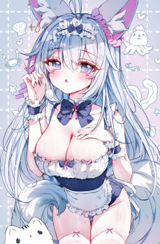 1girl :o absurdres animal animal_ear_fluff animal_ears antenna_hair apron bare_shoulders black_bow blue_leotard bow braid braided_bangs breasts cat cleavage collarbone commentary_request commission crab dotted_line frilled_apron frills grey_background grey_eyes grey_hair grid_background groin hair_between_eyes hair_ornament hairclip hands_up heart highres holding large_breasts leotard long_hair looking_at_viewer mimikaki original parted_lips seashell shell solo starfish tail tandohark thighhighs very_long_hair waist_apron white_apron white_cat white_thighhighs wrist_cuffs x_hair_ornament