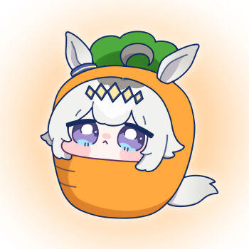 1girl ahoge animal_ears blue_eyes blush blush_stickers carrot chibi chibi_only closed_mouth ear_ornament grey_hair hair_between_eyes hairband highres horse_ears horse_girl horse_tail looking_at_viewer multicolored_hair oguri_cap_(umamusume) solo tail umamusume yananang