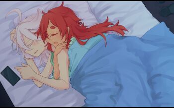 2girls blue_shirt blush cellphone commentary cuddling green_tank_top gundam gundam_suisei_no_majo highres hug hug_from_behind koma_(remi_398) long_hair miorine_rembran multiple_girls open_mouth phone pillow red_hair shirt slippers smartphone suletta_mercury tank_top thick_eyebrows under_covers white_hair yuri