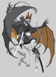 Rule 34 | 1boy, animal ears, bandaged leg, bandages, bat boy, bat ears, bat wings, belt, black fur, blindfold, body fur, claws, commentary, covered eyes, digitigrade, full body, furry, furry male, grey background, grin, highres, holding, holding sword, holding weapon, holding with feet, katana, male focus, original, sharp teeth, signature, simple background, smile, solo, sword, tassel, teeth, twitter username, weapon, winged arms, wings, yuzu shio