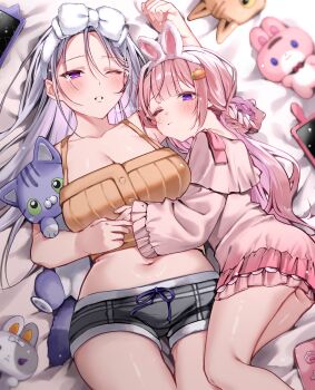 Rule 34 | 2girls, absurdres, animal ear hairband, animal ears, ass peek, bed sheet, blush, bow, bow headband, braid, braided hair rings, breasts, brown tank top, carrot hair ornament, cleavage, closed mouth, collarbone, commentary, crop top, fake animal ears, food-themed hair ornament, from above, front-tie shorts, grey hair, grey shorts, hair ornament, hair rings, hairband, hand on another's stomach, hand on own stomach, head on another's arm, highres, higuchi kaede, higuchi kaede (loungewear), holding, holding stuffed toy, ia 1928, large breasts, lingerie, long hair, long sleeves, looking at viewer, looking up, lying, midriff, mole, mole under eye, multiple girls, navel, negligee, niginigi nijitown, nijisanji, on back, on side, one eye closed, parted lips, pink hair, pink negligee, purple eyes, rabbit ear hairband, rabbit ears, ribbed tank top, shiny skin, short shorts, shorts, sidelocks, sleepwear, stuffed animal, stuffed toy, suo sango, suo sango (2nd costume), tank top, tearing up, twitter username, underwear, untranslatable commentary, very long hair, virtual youtuber, white bow, white hairband