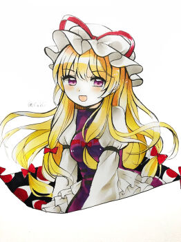 Rule 34 | 1girl, bad id, bad pixiv id, blonde hair, blush, bow, breasts, commentary request, dress, frilled dress, frills, gap (touhou), hair bow, hat, hat ribbon, long hair, long sleeves, looking at viewer, maa (forsythia1729), medium breasts, mob cap, multiple hair bows, one-hour drawing challenge, open mouth, purple eyes, purple tabard, red ribbon, ribbon, simple background, smile, solo, tabard, touhou, traditional media, twitter username, very long hair, white background, white dress, yakumo yukari