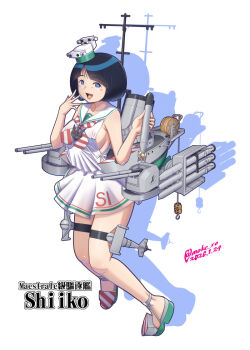 Rule 34 | 1girl, artist name, black hair, blue eyes, breasts, character name, commentary request, cosplay, dated, diagonal-striped clothes, diagonal-striped neckerchief, dress, full body, gundam, gundam gquuuuuux, hat, holding, holding torpedo, kantai collection, large breasts, libeccio (kancolle), libeccio (kancolle) (cosplay), low-cut armhole, mini hat, moke ro, neckerchief, rigging, sailor collar, sailor dress, shiiko sugai, short hair, side-tie dress, sideboob, simple background, sleeveless, sleeveless dress, smile, solo, striped clothes, striped neckerchief, torpedo, torpedo launcher, twitter username, white background, white dress, white sailor collar