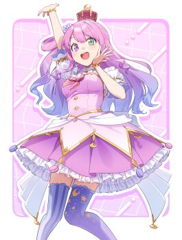 1girl :d absurdres akabino arched_crown arm_up asymmetrical_legwear blue_hair blush border bracelet breasts crown detached_collar detached_sleeves dress feet_out_of_frame food food-themed_hair_ornament frilled_skirt frills gold_bracelet gold_crown gradient_hair green_eyes hair_ornament hair_rings hand_up heterochromia highres himemori_luna himemori_luna_(1st_costume) hololive jewelry long_hair looking_at_viewer macaron medium_breasts mini_crown multicolored_hair one_side_up open_mouth outside_border pink_background pink_dress pink_hair pink_skirt puffy_short_sleeves puffy_sleeves purple_eyes purple_thighhighs short_dress short_sleeves single_hair_ring skirt skirt_under_dress smile solo star_(symbol) star_print striped_clothes striped_thighhighs thighhighs vertical-striped_clothes vertical-striped_thighhighs virtual_youtuber wavy_hair white_border white_sleeves