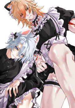 2boys animal_ears antenna_hair apron arm_tattoo black_dress blonde_hair blue_eyes blush braid caifumima65379 chinese_commentary commentary_request crossdressing crossdressing_(mtf) dress earrings facial_tattoo fake_animal_ears frilled_thigh_strap gold_earrings gradient_hair headband highres honkai:_star_rail honkai_(series) jewelry maid maid_apron maid_headdress male_focus male_maid medium_hair multicolored_hair multiple_boys mydei_(honkai:_star_rail) parted_bangs phainon_(honkai:_star_rail) red_hair red_tattoo short_hair side_braid simple_background tattoo thigh_strap white_background white_hair yellow_eyes