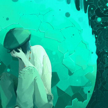 Rule 34 | 1boy, bead necklace, beads, black hair, cowering, cracked shell, denim, green background, green theme, hands on own face, hat, jeans, jewelry, male focus, necklace, newsboy cap, nitta isamu, noah (karmaveta), pants, shin megami tensei, shin megami tensei iii: nocturne, short hair, topless male, torn clothes, torn jeans, torn pants, veins