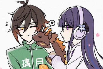 1boy 1girl absurdres blunt_bangs braid brown_hair c520gpss character_doll chinese_commentary closed_mouth couple creature doll bad_tag genshin_impact glasses gradient_hair green_track_suit grey_background hair_between_eyes hair_ornament headphones heart highres holding hood hood_down leaning_to_the_side long_hair long_sleeves looking_at_another multicolored_hair no_pupils notice_lines official_alternate_costume one_eye_closed orange_eyes purple_eyes purple_hair purple_hood raiden_shogun raiden_shogun_(2nd_anniversary) rex_lapis_(genshin_impact) simple_background spoken_heart streaked_hair track_suit upper_body zhongli_(genshin_impact)