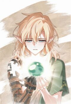 1boy black_skin blue_eyes body_markings colored_skin fingernails glowing green_tunic hair_between_eyes half-closed_eyes highres link male_focus manggwi55 medium_hair multicolored_skin nintendo outstretched_arms parted_lips pointy_ears sharp_fingernails solo the_legend_of_zelda the_legend_of_zelda:_tears_of_the_kingdom tunic two-tone_skin upper_body