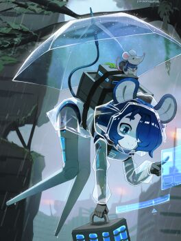 Rule 34 | 1girl, absurdres, animal ears, artist name, blue eyes, blue hair, closed mouth, hair over one eye, highres, mouse (animal), mouse ears, mouse girl, mouse tail, original, parasoru buruu, rain, robot girl, smile, solo, tail, tree, umbrella
