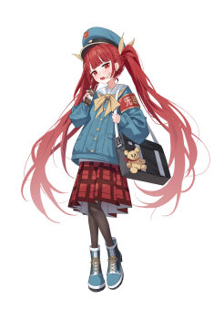 1girl absurdres armband bag bag_charm bandaid bandaid_on_cheek bandaid_on_face black_bag black_pantyhose blue_hat blue_jacket bow character_request charm_(object) copyright_request cross-laced_footwear drink_carton drinking_straw full_body hair_bow hat highres holding holding_milk_carton jacket long_hair looking_at_viewer mansu_(mansu113355) milk_carton open_mouth pantyhose plaid_clothes plaid_skirt pleated_skirt red_armband red_eyes red_hair red_skirt sailor_collar school_uniform shoulder_bag simple_background skirt solo stuffed_animal stuffed_toy teddy_bear twintails very_long_hair white_background white_sailor_collar