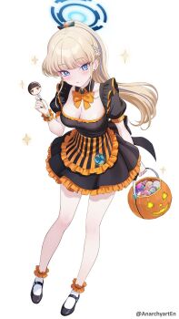 1girl anarchyart asuna_(blue_archive) black_dress blue_archive blue_eyes blue_halo blush bow bowtie cameo candy character-themed_food doodle_sensei_(blue_archive) dress food frilled_dress frilled_skirt frilled_sleeves frills halloween halloween_bucket halloween_costume halo highres koyuki_(blue_archive) lollipop multicolored_dress orange_bow orange_bowtie orange_skirt pumpkin rio_(blue_archive) sensei_(blue_archive) skirt solo_focus swirl_lollipop toki_(blue_archive) trick_or_treat yuuka_(blue_archive)