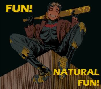 1boy bat_signal batman_(series) batman_symbol black_bodysuit black_gloves black_hair bodysuit brown_jacket commentary dc_comics gardener_gun gloves grey_bodysuit jacket jason_todd looking_at_viewer male_focus multicolored_bodysuit muscular muscular_male open_clothes pants red_eyes red_hood_(dc) red_hood_and_the_outlaws short_hair superhero_costume symbol-only_commentary taut_bodysuit two-tone_bodysuit