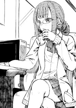 1girl breasts computer drill_hair glasses heaven_burns_red highres higuchi_seika indoors jacket long_sleeves medium_hair metako_(slime_shop) multiple_girls shirt solo twin_drills