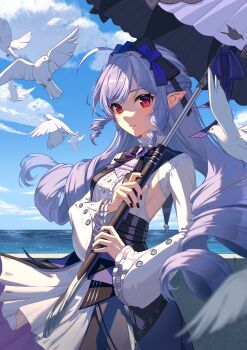 Rule 34 | 1girl, absurdres, ahoge, ascot, bird, black bow, black nails, bow, clothing cutout, commentary, dress, fingernails, hair ornament, highres, holding, long hair, long sleeves, nail polish, outdoors, parted lips, pointy ears, purple ascot, purple hair, red eyes, satoko77, side cutout, solo, very long hair, vivian banshee, white dress, zenless zone zero