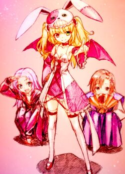 1boy 2girls adapted_costume androgynous animal_hat black_dress blonde_hair blue_sailor_collar boku_wa_tomodachi_ga_sukunai breasts brown_eyes brown_hair cleavage closed_mouth collarbone commentary_request covering_own_mouth delinquent demon_wings dress folding_fan frilled_ribbon frills green_eyes grey_hair hair_ribbon hand_fan hand_on_own_hip hand_to_forehead hand_up hasegawa_kobato hat heterochromia holding holding_fan japanese_clothes kimono kusunoki_yukimura long_hair long_sleeves looking_at_viewer multiple_girls official_artist_extra open_mouth paper_fan parted_bangs pink_dress pink_hair pointing pointing_at_viewer purple_kimono rabbit_hat red_eyes ribbon sailor_collar small_breasts smile solo squatting standing sukeban takayama_maria two-tone_dress two_side_up uchiwa watanabe_yoshihiro white_dress wide_sleeves wings