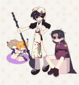 1girl 3boys apron arms_behind_back beret black_eyes black_hair blonde_hair blood blood_on_clothes blood_on_hat bound bound_wrists chinese_text closed_mouth deformed don_quixote_(project_moon) giant_brush hat highres holding holding_paintbrush limbus_company low_ponytail medium_hair meursault_(project_moon) middle_(identity)_(project_moon) multiple_boys narrowed_eyes open_mouth paint_on_clothes paintbrush ponytail project_moon ring_(identity)_(project_moon) sinclair_(project_moon) sitting sunglasses thumb_(identity)_(project_moon) translation_request white_apron white_hat yellow_eyes yesheng_zong_ren yi_sang_(project_moon)