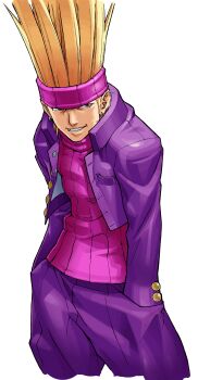 Rule 34 | 1boy, absurdres, blonde hair, cropped legs, earrings, edaki shin'ya, gakuran, game cg, grin, hands in pockets, headband, highres, jacket, jewelry, justice gakuen, long hair, looking to the side, male focus, moero! justice gakuen, non-web source, official art, open clothes, open jacket, pants, pink headband, pink sweater, purple jacket, purple pants, ribbed sweater, school uniform, simple background, smile, solo, spiked hair, standing, sweater, teeth, turtleneck, turtleneck sweater, white background, edge (justice gakuen)