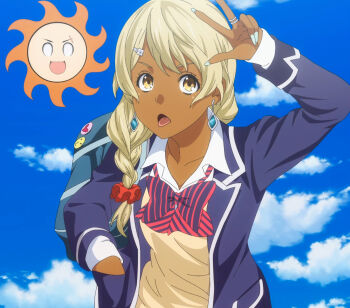 Rule 34 | 1girl, anime screenshot, arm up, blazer, blonde hair, blue nails, braid, cloud, cloudy sky, collarbone, dark-skinned female, dark skin, earrings, female focus, flower, gyaru, hair flower, hair ornament, hand in pocket, highres, jacket, jewelry, long sleeves, looking at viewer, medium hair, nail polish, open mouth, red scrunchie, ring, school uniform, scrunchie, shokugeki no souma, sky, solo, stitched, sun, tadokoro megumi, third-party edit, tongue, tongue out, upper body, yellow eyes