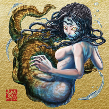 1girl black_hair commentary_request full_body grey_lips long_hair looking_at_viewer mermaid monster_girl nanbakibi nude original solo traditional_youkai webbed_hands yellow_background