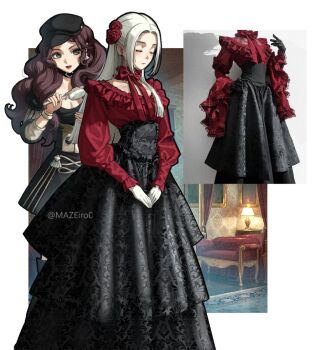 Rule 34 | 2girls, alternate costume, art study, artist name, black hat, black skirt, breasts, brown hair, cleavage, closed eyes, commentary, dorothea arnault, earrings, edelgard von hresvelg, english commentary, fashion, fire emblem, fire emblem: three houses, flower, frilled shirt, frills, garreg mach monastery uniform, hair brush, hair flower, hair ornament, hat, high-waist skirt, holding, holding brush, jewelry, long hair, maze draws, medium breasts, multiple girls, nintendo, own hands together, photo-referenced, red flower, red rose, red shirt, reference inset, rose, shirt, skirt, small breasts, white hair