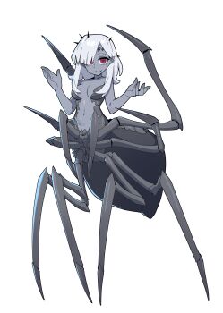 1girl abdomen_tail absurdres arachne arm_up arthropod_girl arthropod_limbs bare_shoulders black_carapace black_eyes black_skin breasts breasts_apart carapace chinese_commentary cleavage colored_skin commentary_request dark_elf dungeons_&amp;_dragons elf extra_eyes extra_legs fang fang_out full_body gradient_skin grey_skirt highres hn_shoebill insect_girl looking_at_viewer medium_breasts monster_girl navel parted_lips pointy_ears red_eyes skirt slit_pupils smile solo spider_girl spikes stomach taur transparent_background white_hair