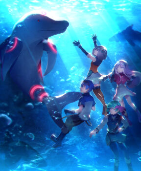 Rule 34 | 2boys, 2girls, aine (hoshi wo miru hito), air bubble, blue hair, boots, bubble, dolphin, dress, gloves, goggles, goggles on head, green hair, headband, hoshi wo miru hito, long hair, minami (hoshi wo miru hito), misa (hoshi wo miru hito), multiple boys, multiple girls, open mouth, orange hair, pink hair, romancing stella visor, shiba (hoshi wo miru hito), short hair, submerged, sunakumo, underwater