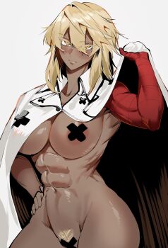 1girl abs areola_slip arm_up blonde_hair blush breasts cape curvy dark-skinned_female dark_skin female_focus functionally_nude green_eyes guilty_gear guilty_gear_strive hand_on_own_hip highres kazuya_(kozun) large_breasts looking_at_viewer medium_hair muscular muscular_female pasties pubic_hair ramlethal_valentine solo wide_hips