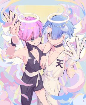 Rule 34 | 2boys, absurdres, angel, angel wings, arm on another's shoulder, black choker, black nails, blue eyes, bracelet, brothers, choker, cleavage cutout, clothing cutout, collarbone, from above, gloves, grin, hair over one eye, halo, highres, hito y93, jewelry, looking at viewer, male focus, multiple boys, panty &amp; stocking with garterbelt, pectoral cleavage, pectorals, pink hair, polyester (psg), polyurethane (psg), purple hair, red eyes, sash, siblings, smile, smirk, white gloves, wings
