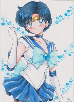 1girl absurdres back_bow bishoujo_senshi_sailor_moon blue_background blue_bow blue_bowtie blue_choker blue_eyes blue_hair blue_sailor_collar blue_skirt blush bow bowtie chikoto_(kztc4472) choker circlet closed_mouth collarbone commentary elbow_gloves gloves hand_up highres looking_at_viewer magical_girl mizuno_ami parted_bangs pleated_skirt sailor_collar sailor_mercury sailor_senshi_uniform short_hair skirt smile solo traditional_media white_gloves