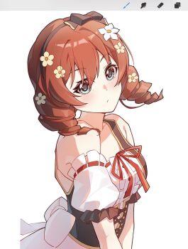 Rule 34 | 1girl, :/, art program in frame, bare shoulders, black bow, black hairband, blue eyes, bow, bow hairband, brown hair, chinese commentary, closed mouth, collarbone, commentary request, detached sleeves, dress, drill hair, emma verde, evergreen (love live!), flower, hair bow, hair flower, hair ornament, hairband, highres, looking at viewer, love live!, love live! nijigasaki high school idol club, low drills, medium hair, procreate (medium), ruoguiling, simple background, sleeveless, sleeveless dress, solo, twin drills, upper body, white background, white dress, white flower, yellow flower