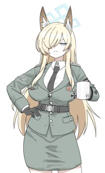 1girl alternate_costume animal_ears belt black_belt black_cat03 black_gloves black_necktie blonde_hair blue_archive blue_eyes blue_halo breasts clenched_teeth cowboy_shot cross cup dog_ears gloves grey_jacket grey_skirt hair_over_one_eye halo hand_on_own_hip highres holding holding_cup iron_cross jacket kanna_(blue_archive) large_breasts long_hair military_uniform nazi nazi_party_pin necktie parted_lips pencil_skirt reichsadler sharp_teeth shirt sidelocks simple_background skirt solo ss_insignia swastika teeth white_background white_shirt
