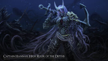 Rule 34 | 1girl, anchor, baloolax, captain hannah, commentary, english commentary, english text, glowing, glowing eyes, highres, holding, holding anchor, horn ornament, horns, indie virtual youtuber, oni, over shoulder, purple hair, skull, solo, teeth, tentacles, undead, virtual youtuber