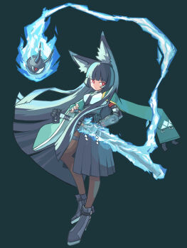 1girl 1other absurdres animal_ear_fluff animal_ears aqua_jacket arm_out_of_sleeve black_gloves black_hair black_necktie black_shoes black_skirt blunt_bangs breasts bright_pupils brown_pantyhose commentary_request fingerless_gloves fox_ears fox_girl full_body gauntlets gloves glowing glowing_sword glowing_weapon green_background high-waist_skirt highres hoshimi_miyabi jacket katana large_breasts long_hair looking_to_the_side necktie pantyhose red_eyes shige_1237 shirt shoes single_fingerless_glove single_gauntlet skirt sword tailless_(zenless_zone_zero) thigh_strap very_long_hair weapon white_pupils white_shirt zenless_zone_zero