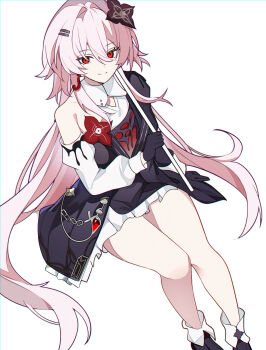 1girl commentary dress evernight_(honkai:_star_rail) flower gloves hair_flower hair_ornament hairclip highres honkai:_star_rail honkai_(series) layered_dress light_smile long_hair looking_at_viewer march_7th_(honkai:_star_rail) pink_hair red_eyes short_hair single_bare_shoulder sitting thighs very_long_hair white_background zhishi_hanbao_bao