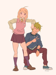Rule 34 | 1boy, 1girl, ^ ^, ahoge, akamatsu kaede, amami rantaro, antenna hair, arm on another&#039;s head, black bracelet, blonde hair, blue footwear, blue shirt, blue sleeves, brown footwear, brown pants, closed eyes, closed mouth, collared shirt, commentary request, crest, danganronpa (series), danganronpa v3: killing harmony, earrings, fortissimo, full body, green hair, grin, hair ornament, hand on own hip, highres, jewelry, kneehighs, knees, loafers, long hair, long sleeves, looking at viewer, miniskirt, multiple rings, musical note, musical note hair ornament, necktie, orange necktie, pants, pendant, pink vest, pleated skirt, purple eyes, purple skirt, purple socks, qosic, ring, shirt, shoes, short hair, signature, simple background, sitting, skirt, smile, sneakers, socks, stud earrings, v, v-neck, vest, white background, white shirt, white sleeves, white undershirt
