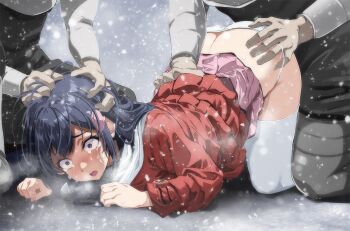 1girl 2boys all_fours blue_hair clothes_lift coat commentary_request constricted_pupils crying crying_with_eyes_open dawn_(pokemon) defeat gang_rape grabbing_another&#039;s_ass grey_eyes groping hair_ornament hairclip hand_on_another&#039;s_head head_grab hetero imminent_rape long_hair miniskirt multiple_boys nintendo open_mouth outdoors panties pink_skirt pokemon pokemon_dppt pokemon_platinum rape red_coat scared scarf skirt skirt_lift snowflakes solo_focus team_galactic_grunt tears thighhighs thighs top-down_bottom-up tsukishiro_saika underwear white_panties white_scarf white_thighhighs wide-eyed