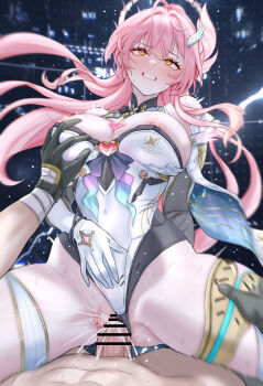 1boy 1girl absurdres aemeath_(wuthering_waves) bar_censor black_gloves blush breasts censored clenched_teeth clothed_sex clothing_aside commentary cowgirl_position cum cum_in_pussy daram_(shappydude) elbow_gloves game_screenshot_background girl_on_top gloves grabbing_another's_breast groping hair_ornament hand_on_own_stomach hetero highres large_breasts large_variant_set leotard leotard_aside long_hair male_rover_(wuthering_waves) nipples one_eye_closed open_mouth orange_eyes penis pink_hair pov pussy rolling_eyes rover_(wuthering_waves) screenshot_background sex star-shaped_pupils star_(symbol) straddling symbol-shaped_pupils teeth thighs vaginal variant_set white_gloves white_leotard wuthering_waves