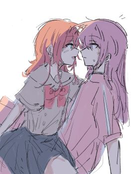 2girls absurdres black_skirt blue_eyes bocchi_the_rock! bow bowtie brown_shirt closed_mouth eye_contact gotoh_hitori highres jacket kita_ikuyo long_hair looking_at_another multiple_girls open_mouth pink_hair pink_jacket red_bow red_bowtie red_hair school_uniform shirt shuka_high_school_uniform simple_background sitting sitting_on_lap sitting_on_person skirt sweat sweatdrop track_jacket white_background y9_1229 yuri