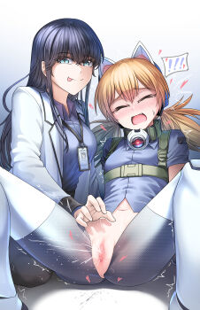 ! !! 2girls :p absurdres after_fingering android animal_ears betty_(neural_cloud) black_hair black_pantyhose blonde_hair blue_eyes blue_shirt blush camera cat_ears censored collar fang female_ejaculation female_orgasm female_professor_(neural_cloud) girls'_frontline girls'_frontline_neural_cloud heart highres id_card idw_(girls'_frontline) joints lab_coat mechanical_legs mosaic_censoring multiple_girls navel open_mouth orgasm pantyhose professor_(neural_cloud) pussy pussy_juice senpaihawkkun shirt sweatdrop tongue tongue_out twintails yuri