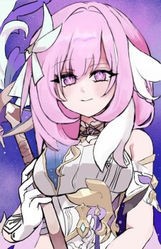 1girl bare_shoulders breasts corset elysia_(herrscher_of_human:_ego)_(honkai_impact) elysia_(honkai_impact) gloves hashtag-only_commentary highres hiyoko_76 holding holding_staff honkai_(series) honkai_impact_3rd large_breasts multicolored_hair pink_hair purple_eyes purple_sky shirt short_hair sky smile solo staff triquetra two-tone_hair white_corset white_gloves white_hair white_shirt