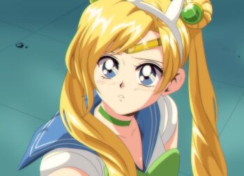 1990s_(style) 1girl adventure_time adventure_time:_fionna_and_cake blonde_hair brenni_murasaki commentary crescent crescent_earrings earrings fionna_campbell jewelry long_hair magical_girl meme parody retro_artstyle sailor_collar sailor_moon_redraw_challenge_(meme) sailor_senshi_uniform smile solo twintails upper_body