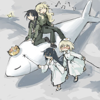 4girls beamed_eighth_notes black_eyes black_hair blonde_hair blue_eyes breasts chito_(shoujo_shuumatsu_ryokou) closed_eyes collared_dress crown dress eighth_note fish fried_egg highres holding_hands jitome long_hair long_sleeves low_twintails medium_breasts military_uniform multiple_girls mushroom mushroom_on_head musical_note object_on_head open_mouth pants riding sandals shimeji_simulation short_hair shoujo_shuumatsu_ryokou smile tsukishima_shijima tsukumizu_yuu twintails wand wavy_hair white_dress yamashita_majime yuuri_(shoujo_shuumatsu_ryokou)