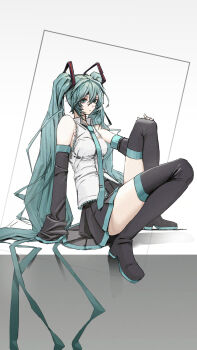 1girl aqua_eyes aqua_hair aqua_necktie aqua_trim arm_support bare_shoulders black_boots black_skirt black_sleeves boots breasts closed_mouth collared_shirt commentary detached_sleeves expressionless frilled_shirt frills from_side full_body hair_between_eyes hair_ornament hand_on_own_knee hatsune_miku highres knees_up long_hair long_sleeves looking_at_viewer medium_breasts miniskirt necktie piropiro0215 pleated_skirt shirt sidelocks simple_background sitting skirt sleeveless sleeveless_shirt sleeves_past_fingers sleeves_past_wrists solo thigh_boots thighhighs tie_clip turning_head twintails untucked_shirt very_long_hair vocaloid white_background white_shirt zettai_ryouiki