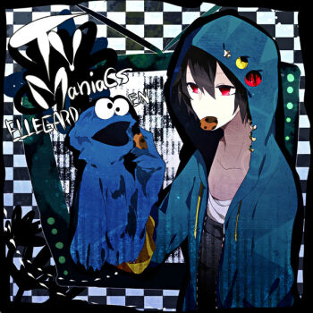 1boy black_hair character_request check_character commentary_request cookie cookie_monster dolceoo food jacket long_sleeves looking_at_viewer non-web_source open_mouth puppet sesame_street shirt short_hair simple_background solo source_request translation_request