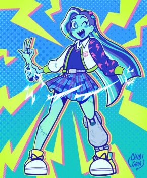 1other ;d aqua_eyes aqua_hair artist_name asymmetrical_clothes asymmetrical_hair black_vest blue_hair blue_skirt blush blush_stickers bone bright_pupils chibigaia collared_shirt colored_skin commentary earrings eyelashes fingernails frankie_stein full_body green_skin hair_ornament hand_on_own_arm highres jacket jewelry lightning_bolt_earrings lightning_bolt_symbol long_hair long_sleeves monster_high monster_high_(g3) multicolored_hair one_eye_closed open_clothes open_jacket open_mouth other_focus severed_arm severed_limb shirt shoes sidecut skirt smile solo standing stitches streaked_hair teeth undercut upper_teeth_only vest w white_hair white_jacket white_pupils white_shirt yellow_shoes