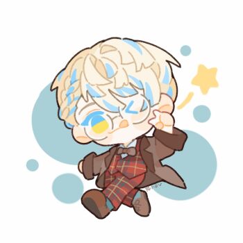 >_o 1boy ;p artist_name bespectacled blonde_hair blue_hair bow bowtie brown_bow brown_bowtie brown_jacket brown_shoes chibi collared_shirt colored_tips commentary_request formal_clothes glasses hashtag-only_commentary hibachi_mana hibachi_mana_(2nd_costume) highres jacket looking_at_viewer male_focus multicolored_hair nijisanji one_eye_closed plaid_suit red_suit shirt shoes shuxingbuming_moxiaobai simple_background solo star_(symbol) suit tongue tongue_out virtual_youtuber white_background white_shirt